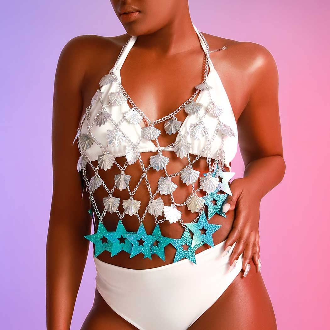 Sexy Body Chain Bikini Silver Tassel Star Sequins Bra Halter Backless Crop Top Shell Beach Party Chest Chains Jewelry for Women Apparel & Accessories > Jewelry > Body Jewelry China   