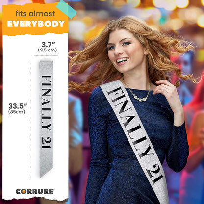 CORRURE 'Finally 21' Birthday Sash with Glitter - Silver Sash with Black Foil 21St Birthday Sash for Men and Women - Ideal Twenty One Sash Party Favors Supplies and Decorations for Your 21 Bday Party Apparel & Accessories > Clothing Accessories > Sashes CORRURE   