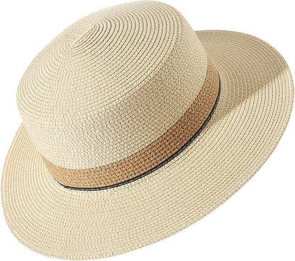 Lanzom Sun Hats for Women Wide Brim Straw Boater Hat Foldable Packable Beach Hat for Summer Apparel & Accessories > Clothing Accessories > Hats Lanzom Z-beige+khaki Medium 