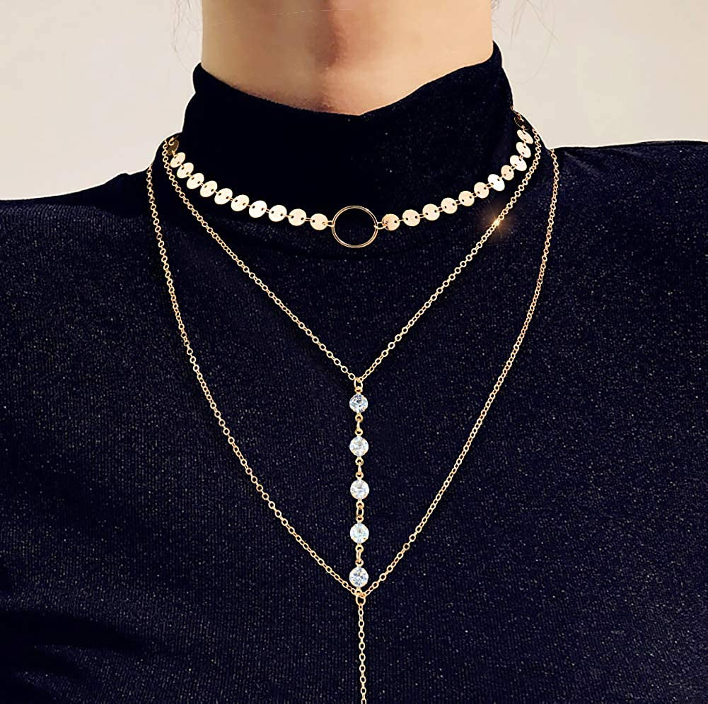 Suyi Stylish Layered Sequins Choker Necklace with Thin Long Chain Pendant for Women Lady Girl Apparel & Accessories > Jewelry > Necklaces Suyi   