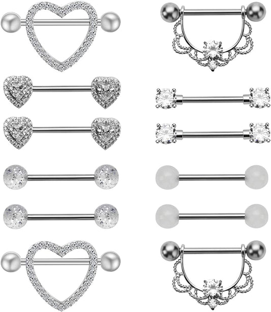 NASAMA Stainless Steel Acrylic Nipple Rings Tongue Ring CZ Barbell Heart-Shape Piercing Body Jewelry Apparel & Accessories > Jewelry > Body Jewelry NASAMA 6pair Steel color  