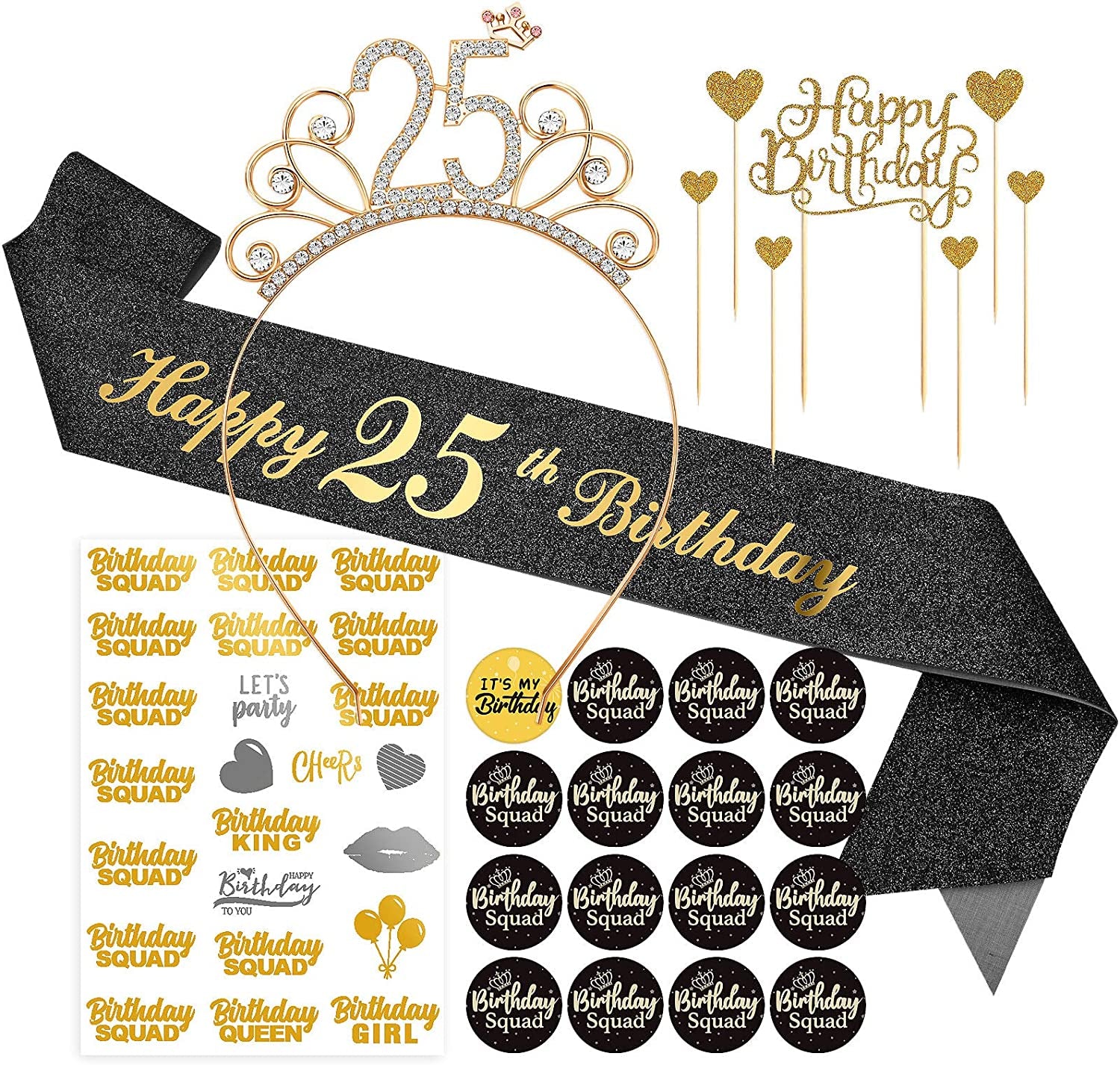 Black Birthday Sash Crowns Tiara Headband for Women - Birthday Buttons Pins Badges Gifts for Girl Birthday Party Supplies Apparel & Accessories > Clothing Accessories > Sashes ERTREE 25th Birthday  
