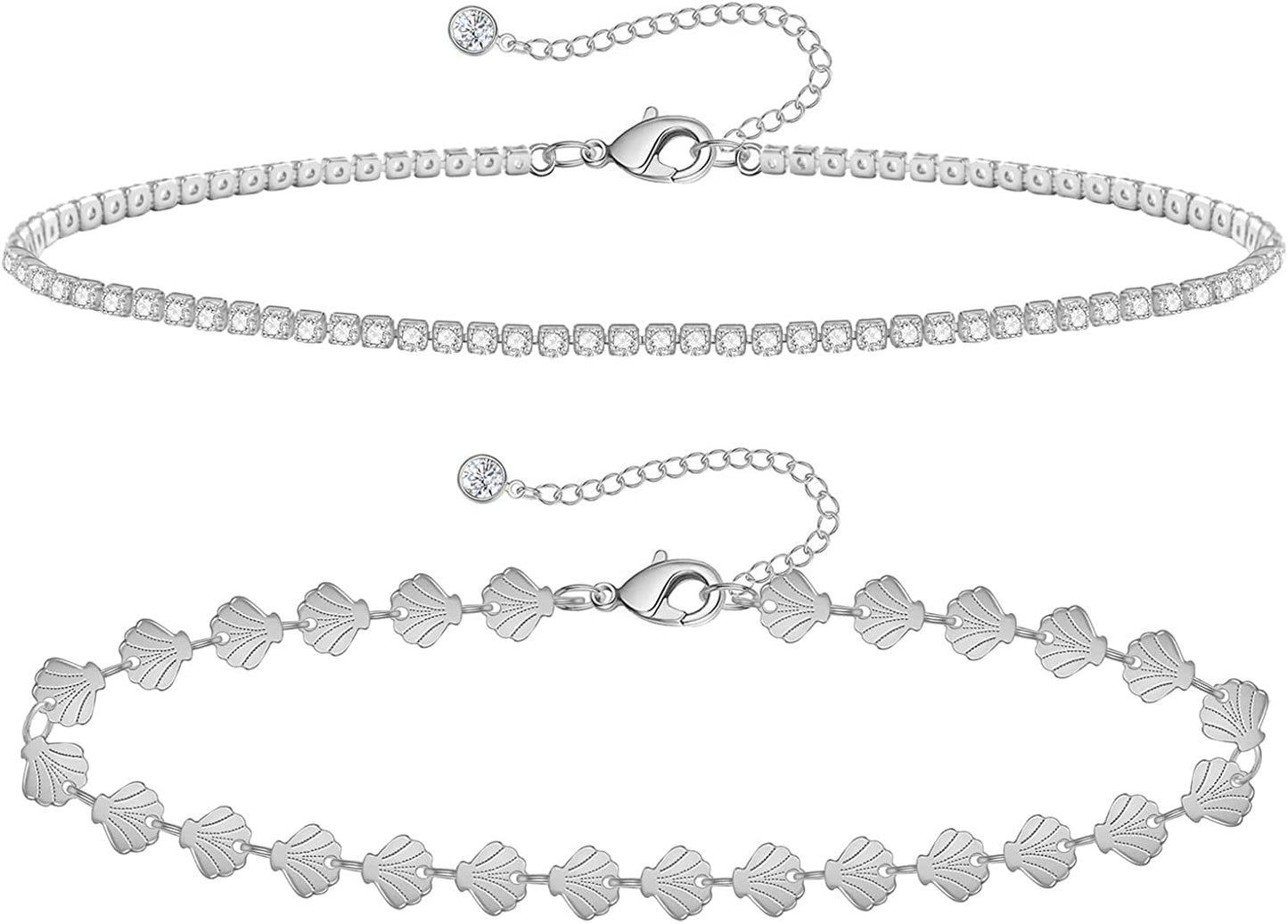 Gold Ankle Bracelets for Women 14K Gold Plated Anklet Silver Tennis Rose Quartz Cross Bead Herringbone Snake Paperclip Chain Cubic Zirconia Dainty Layered Anklet Set 3Pcs Apparel & Accessories > Jewelry > Anklets WeSparking T-White Gold-Shell Chain  