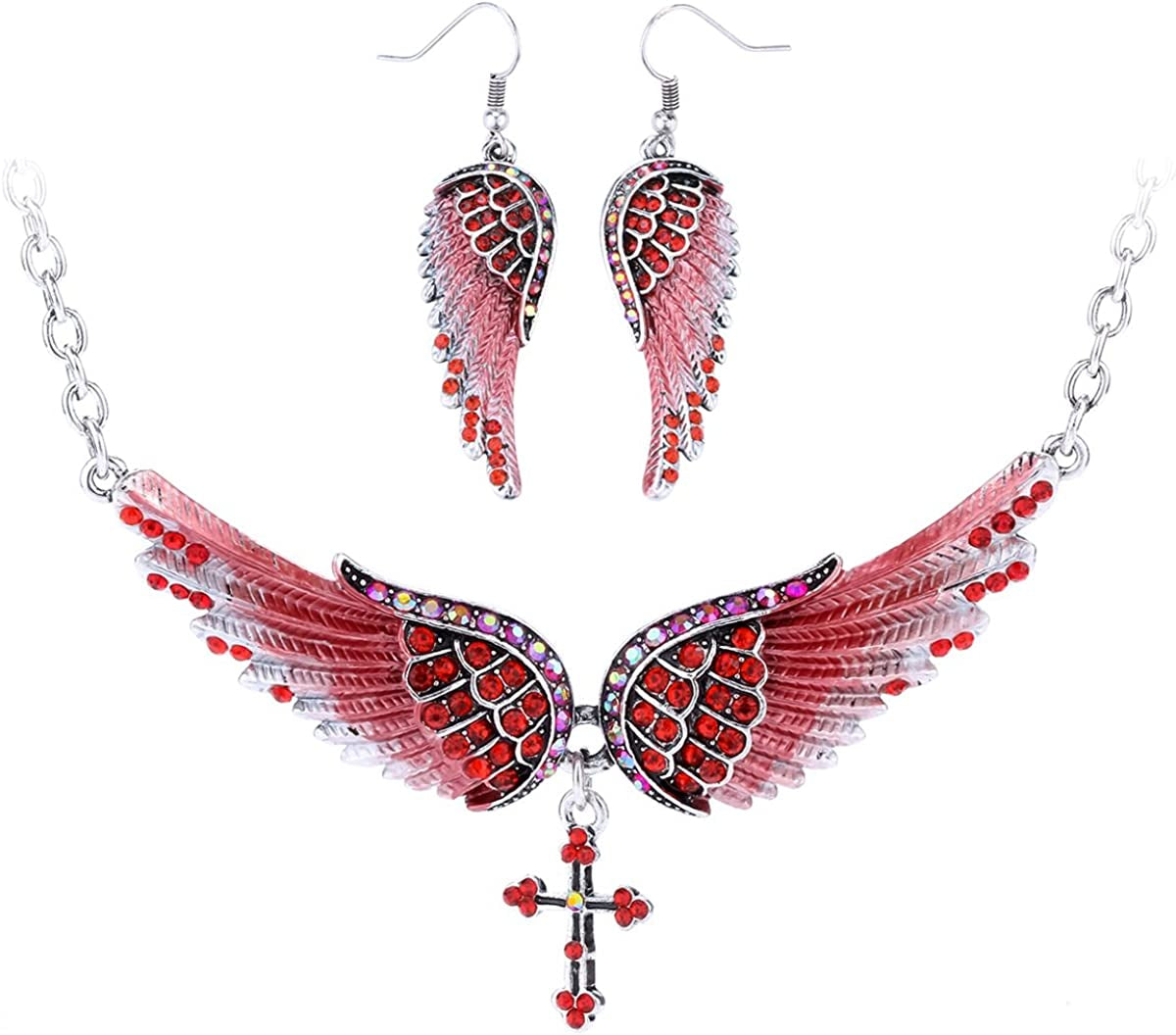 Szxc Jewelry Women'S Crystal Guardian Angel Wings Cross Choker Pendant Necklaces 18"+2" Apparel & Accessories > Jewelry > Jewelry Sets Szxc Red Earrings & Necklace  