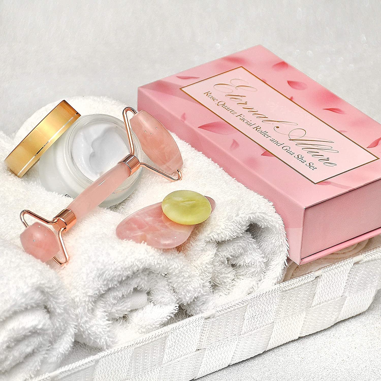 Rose Quartz Face Roller & Gua Sha | Eternal Allure 3-In-1 Jade Roller with Detailed Instructions Guide, Self Care Tools for Puffy Eyes, Face, Neck, Lymphatic Drainage, Fine Lines and Wrinkles - Includes Travel Pouch plus Mini Gua Sha Health & Beauty > Personal Care > Cosmetics > Cosmetic Tools > Skin Care Tools Eternal Allure   