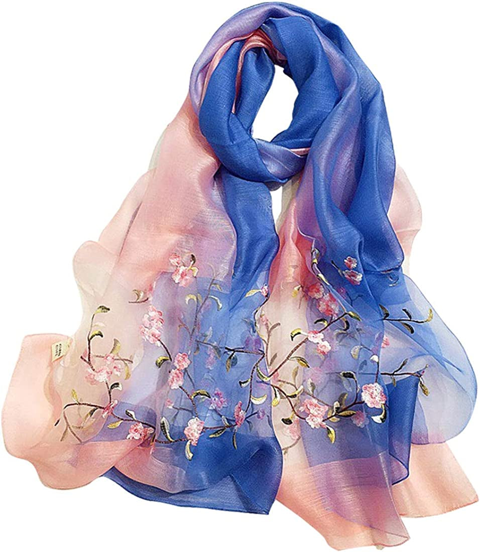 GOFINEE Women Silk&Wool Gradient Embroidered Scarf Headwrap Shawl Apparel & Accessories > Clothing Accessories > Scarves & Shawls GOFINEE Blue&pink  