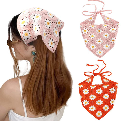 Crochet Bandana Head Kerchief Hair Scarf 2Pcs Knitted Hair Scarves Crochet Hair Kerchief Tie Bcak Headwrap Floral Hair Bandanas for Women Girls Scarf (Daisy(Purple+Green)) Apparel & Accessories > Clothing Accessories > Bandanas & Headties AWAYTR Daisy(pink+orange)  