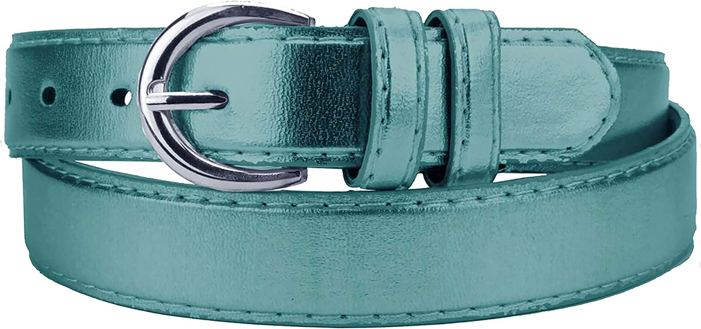 Women'S Casual Solid Colors Faux Leather 1" Belt with Single Prong Buckle Apparel & Accessories > Clothing Accessories > Belts JOTW Metallic Blue Large 