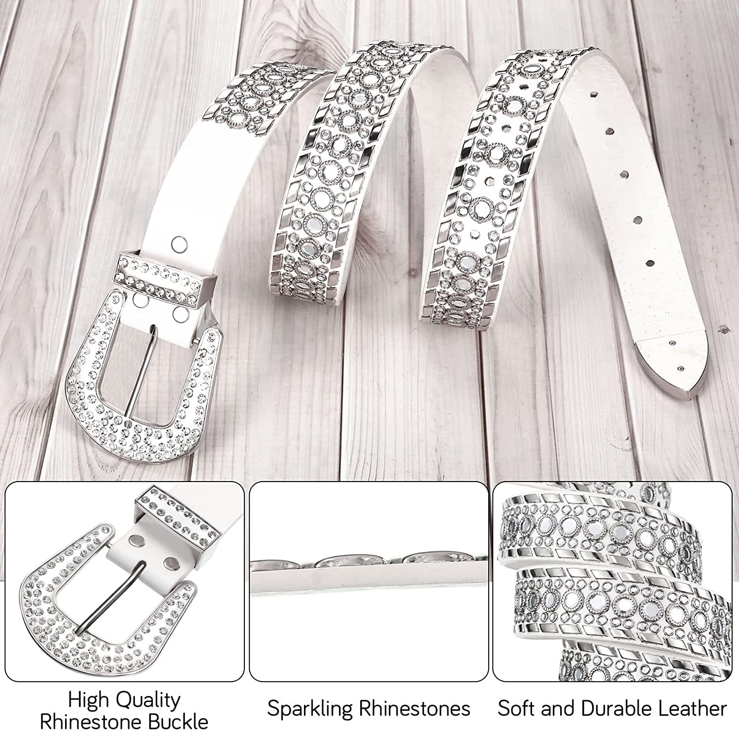 Rhinestone Belt for Women 2 Pcs Bling Studded Leather Belt Western Studded Belt Cowgirl Belt Apparel & Accessories > Clothing Accessories > Belts Geyoga   