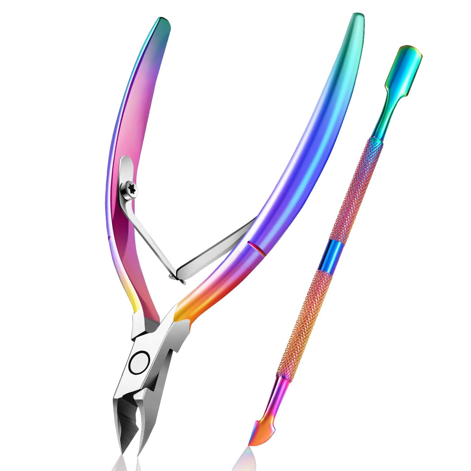 Cuticle Trimmer with Cuticle Pusher, Easkep Cuticle Remover Cuticle Nipper Professional Stainless Steel Cuticle Cutter Clipper Pedicure Manicure Tools for Fingernails and Toenails (D501-Black) Health & Beauty > Personal Care > Cosmetics > Cosmetic Tools > Nail Tools Easkep Rainbow  