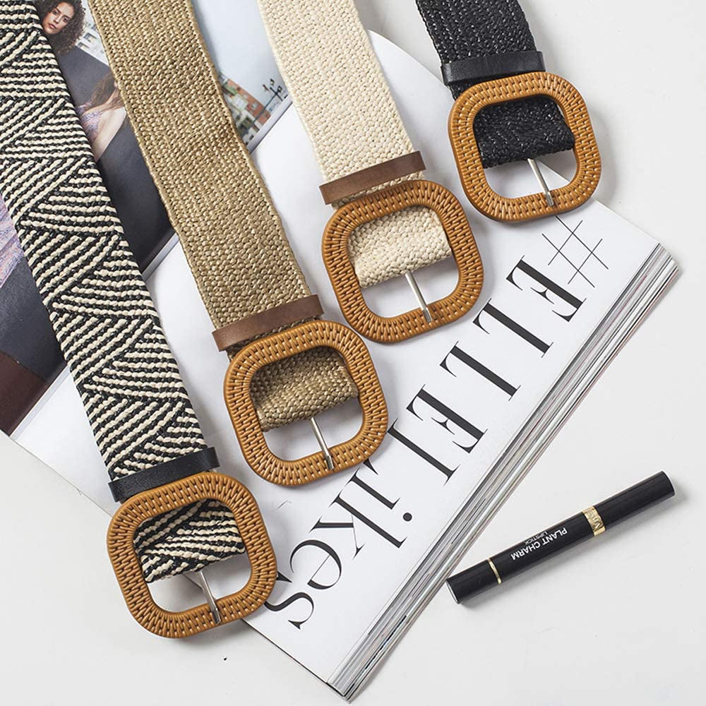 Women Skinny Dress Belt, Fashion Straw Woven Elastic Stretch Waist Band Wood Buckle Belt Apparel & Accessories > Clothing Accessories > Belts YUCFOREN   
