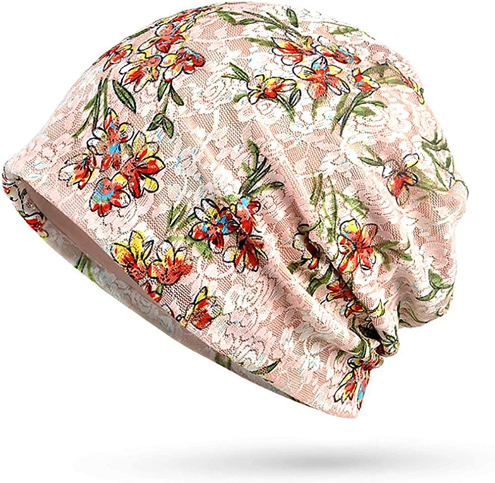 Glamorstar Floral Lace Beanie Hat Chemo Cap Stretch Slouchy Turban Headwear Apparel & Accessories > Clothing Accessories > Headwear Glamorstar Flowers Beige One Size 