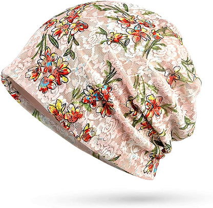 Glamorstar Floral Lace Beanie Hat Chemo Cap Stretch Slouchy Turban Headwear Apparel & Accessories > Clothing Accessories > Headwear Glamorstar Flowers Beige One Size 