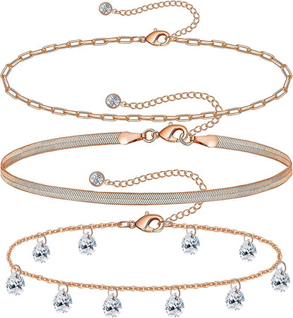 Gold Ankle Bracelets for Women 14K Gold Plated Anklet Silver Tennis Butterfly Star Coin Quartz Bead Snake Paperclip Chain Dainty Layered Anklet Set 3Pcs Jewelry Gifts for Teen Girls Apparel & Accessories > Jewelry > Anklets Vermeyen L-Rose Gold-CZ  