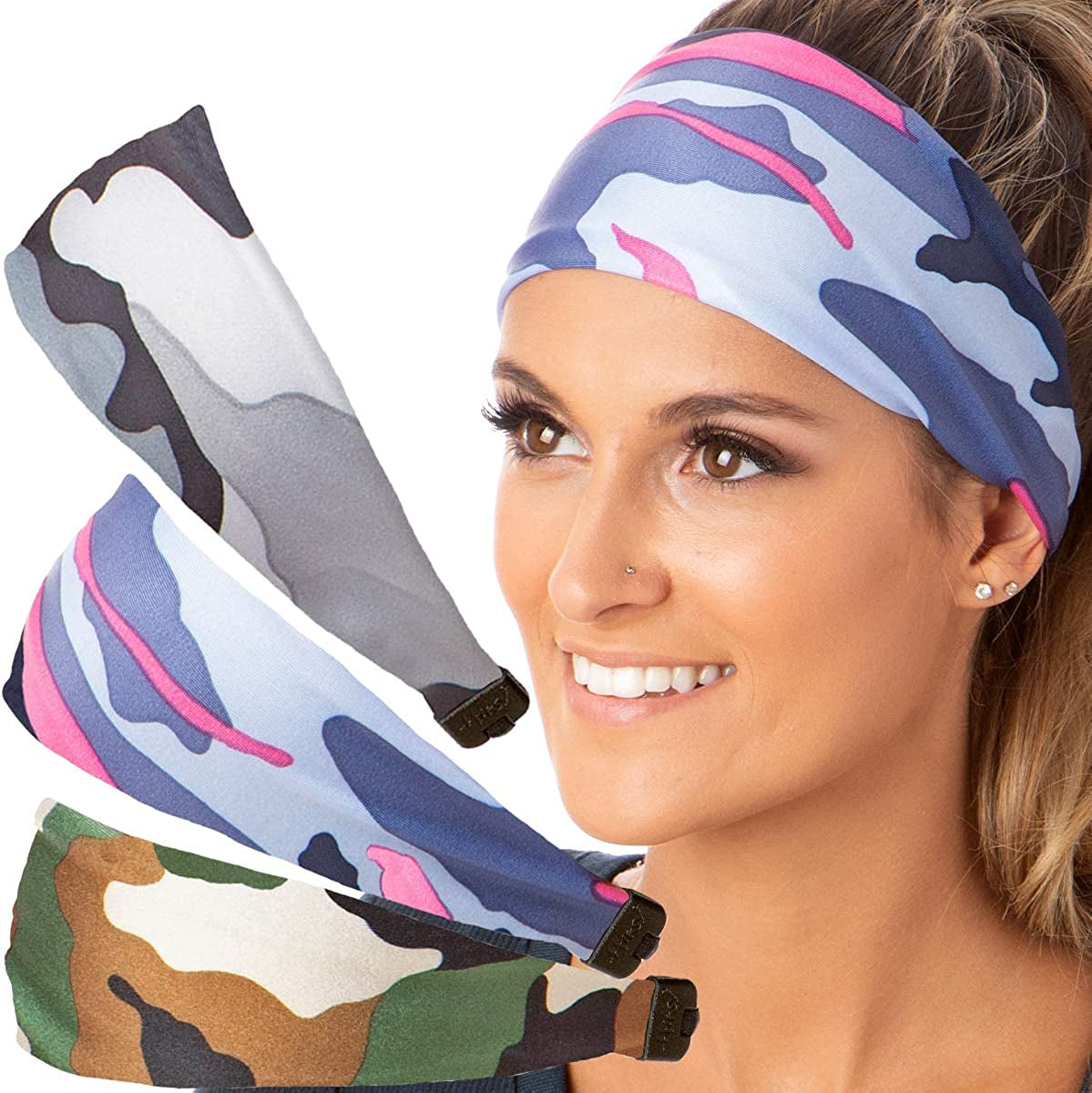 Hipsy Adjustable & Stretchy Printed Xflex Wide Headbands for Women Girls & Teens Apparel & Accessories > Clothing Accessories > Bandanas & Headties Hipsy Green/Blue/Grey Classic Camo Multi Xflex 3pk  
