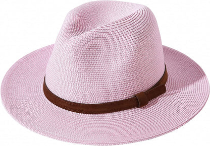 JOYEBUY Womens UPF50 Foldable Summer Straw Hat Wide Brim Fedora Sun Beach Hat Apparel & Accessories > Clothing Accessories > Hats JOYEBUY Y-brown Belt Pink  