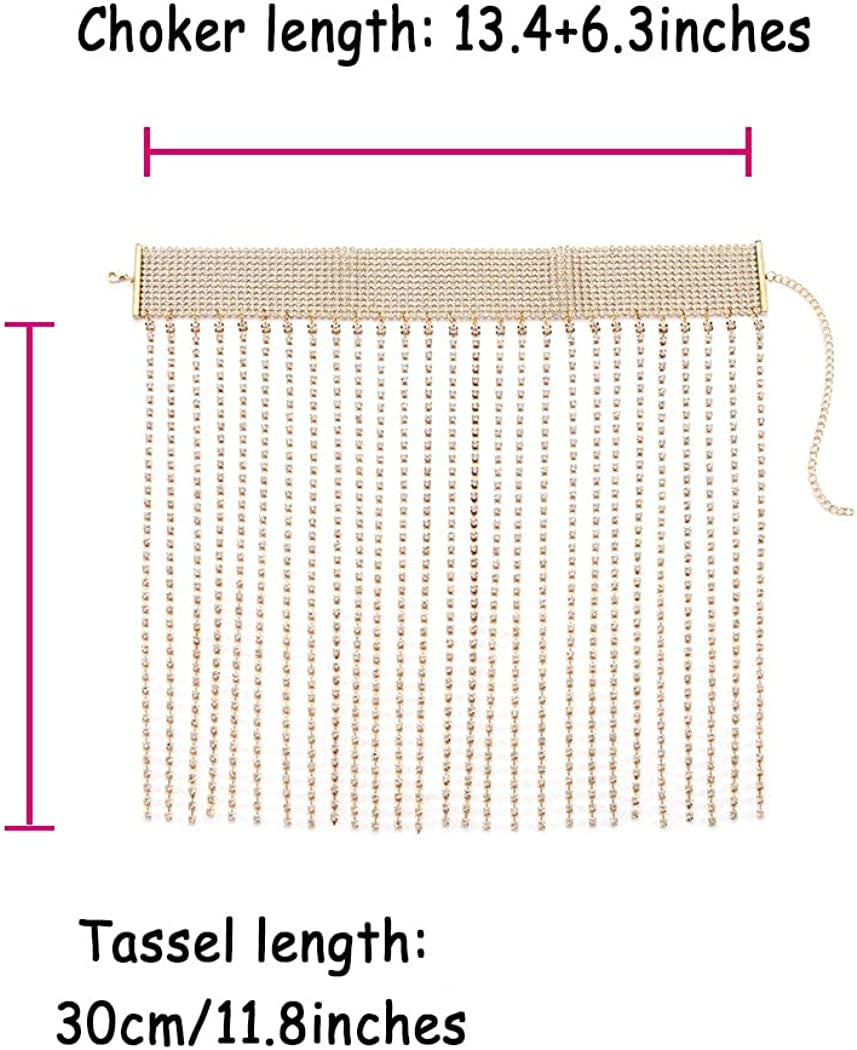 Rhinestone Tassel Choker Sexy Gold Wide Necklace Chain Shiny Evening Nightclub Adjustable Body Accessories Jewelry for Women Apparel & Accessories > Jewelry > Body Jewelry KYLIE MAX   
