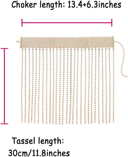 Rhinestone Tassel Choker Sexy Gold Wide Necklace Chain Shiny Evening Nightclub Adjustable Body Accessories Jewelry for Women Apparel & Accessories > Jewelry > Body Jewelry KYLIE MAX   