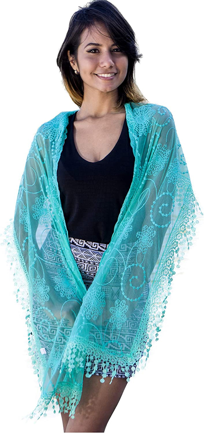 Women'S Lightweight Feminine Lace Teardrop Fringe Lace Scarf Vintage Scarf Mesh Crochet Tassel Cotton Scarf for Women Apparel & Accessories > Clothing Accessories > Scarves & Shawls Tan's Turquesa  