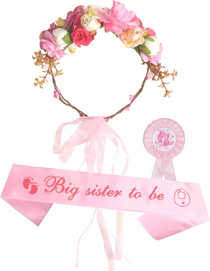 I Am Going to Be Big Sister, Big Sister Flower Crown, Sash and Pin, Daughter Get Promoted to Big Sisters Idea Gift Set, Satin Big Sister to Be for Baby Shower Sash, Big Sister Party Supplies (Pink) Apparel & Accessories > Clothing Accessories > Sashes MEANT2TOBE   