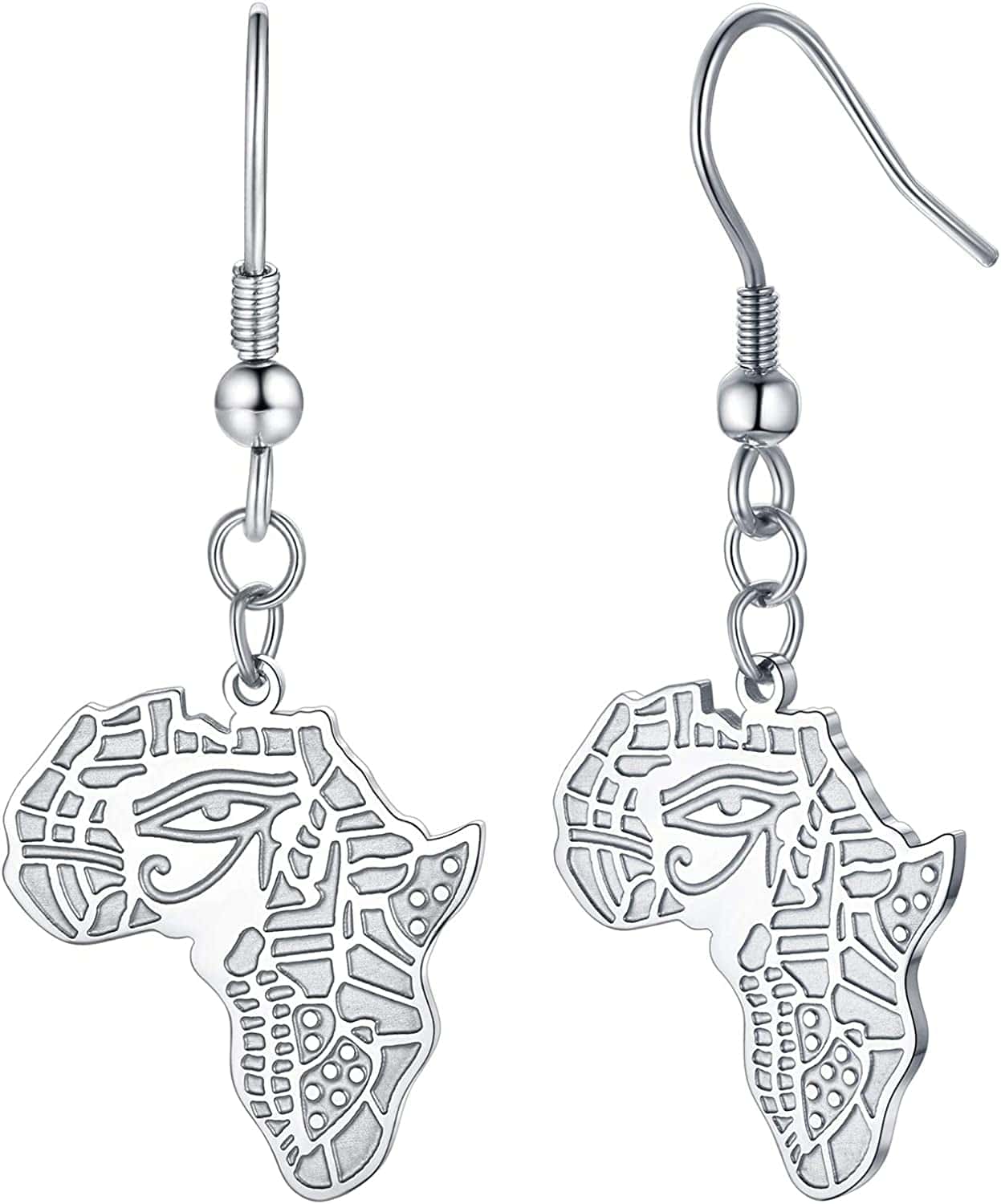 Faithheart African Map Shaped Drop Earrings Stainless Steel/18K Gold Plated Statement Africa Jewelry Ear Charms for Women Teen Girls Eye of Horus-Silver