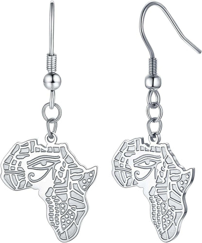 Faithheart African Map Shaped Drop Earrings Stainless Steel/18K Gold Plated Statement Africa Jewelry Ear Charms for Women Teen Girls Eye of Horus-Silver