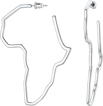 Faithheart African Map Shaped Drop Earrings Stainless Steel/18K Gold Plated Statement Africa Jewelry Ear Charms for Women Teen Girls 01. Hollow Silver-Large