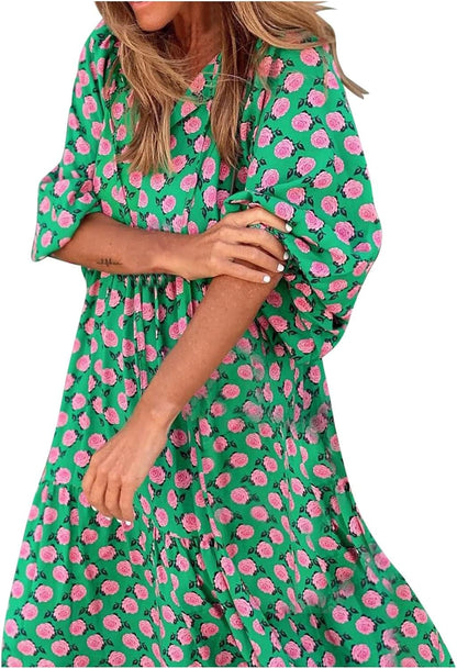 Fall Dresses for Women 2023 Vintage Graphic Elegant Casual Dress Cute Puff Sleeve Party plus Size Midi Dress Loose