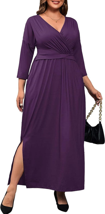 FANDEE plus Size Women’S Dresses Casual Maxi Dress V Neck 3/4 Sleeve Waist Wrap with Pocket Wedding Dress Purple / 5X-Large