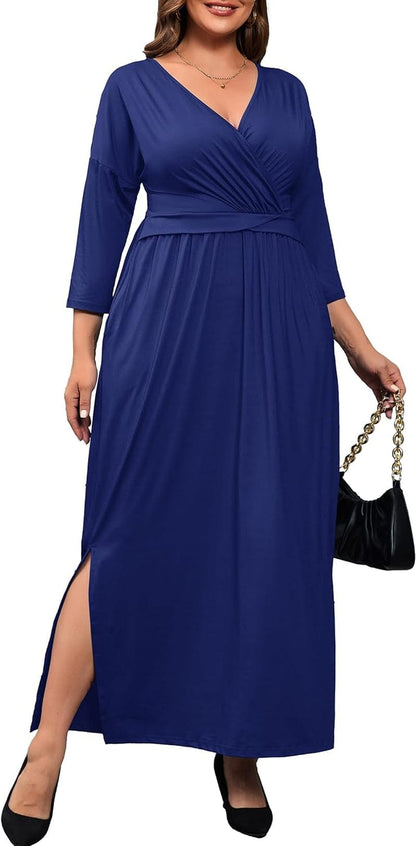 FANDEE plus Size Women’S Dresses Casual Maxi Dress V Neck 3/4 Sleeve Waist Wrap with Pocket Wedding Dress Blue / 5X-Large