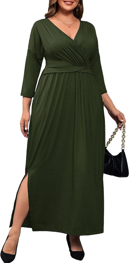 FANDEE plus Size Women’S Dresses Casual Maxi Dress V Neck 3/4 Sleeve Waist Wrap with Pocket Wedding Dress Green / 5X-Large