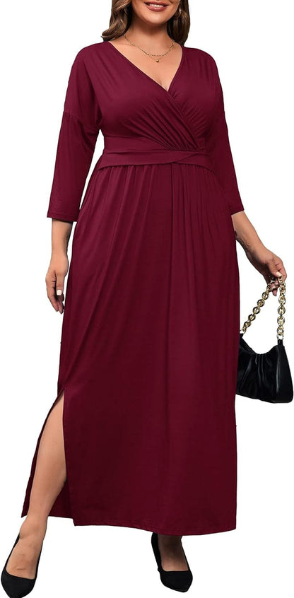 FANDEE plus Size Women’S Dresses Casual Maxi Dress V Neck 3/4 Sleeve Waist Wrap with Pocket Wedding Dress Red / 5X-Large