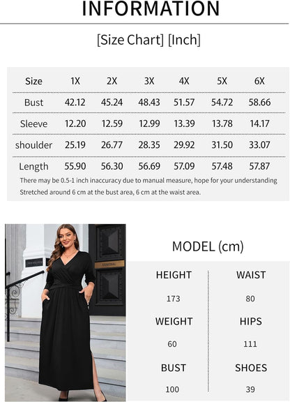 FANDEE plus Size Women’S Dresses Casual Maxi Dress V Neck 3/4 Sleeve Waist Wrap with Pocket Wedding Dress
