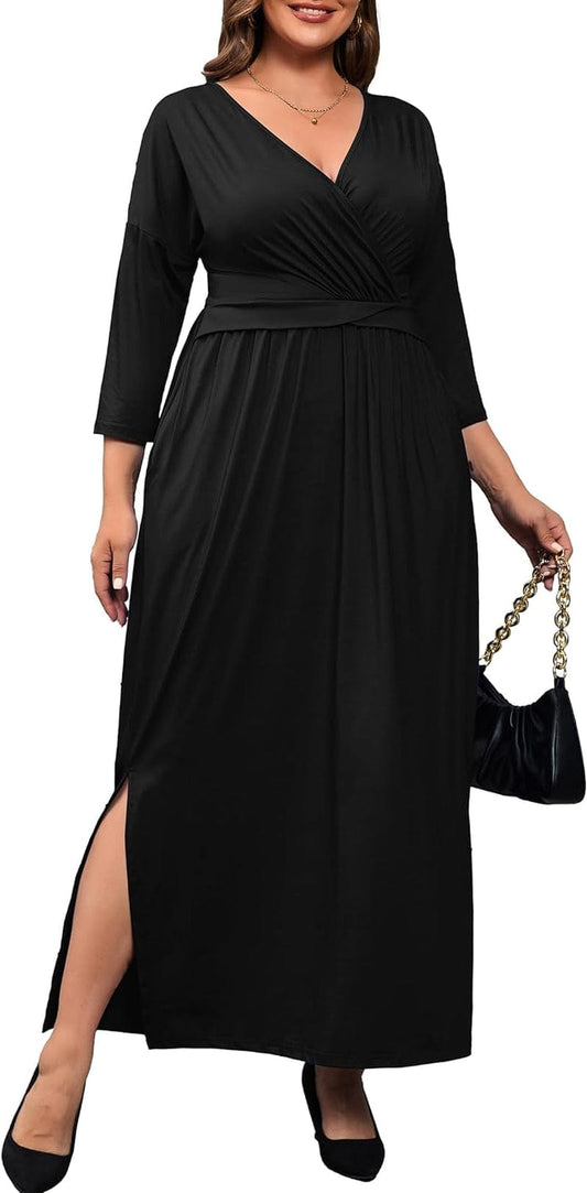 FANDEE plus Size Women’S Dresses Casual Maxi Dress V Neck 3/4 Sleeve Waist Wrap with Pocket Wedding Dress