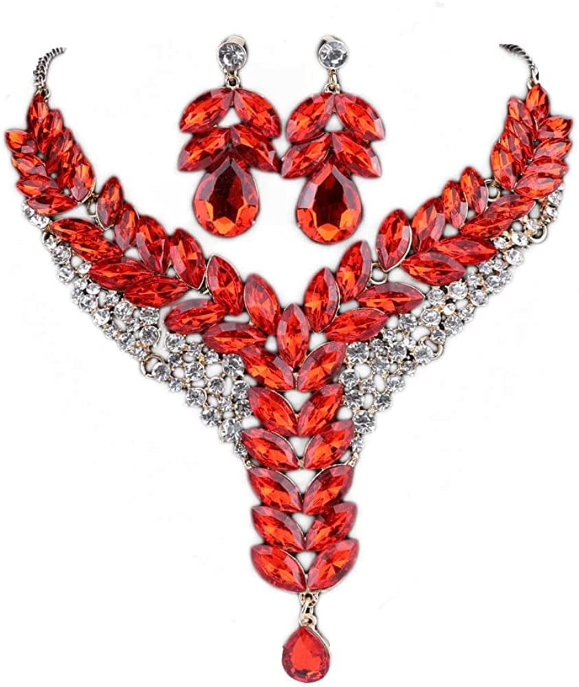 Fashion 18K Gold Plated Crystal Wedding Party Necklace Earring Jewelry Set Red