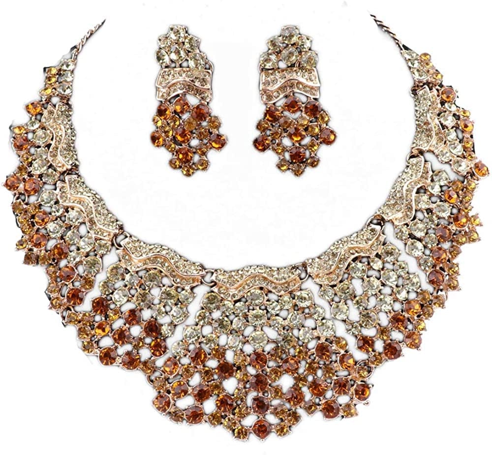 Fashion 18K Gold Plated Crystal Wedding Party Necklace Earring Jewelry Set Champagne 1