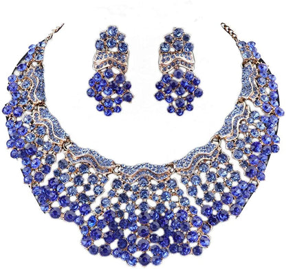 Fashion 18K Gold Plated Crystal Wedding Party Necklace Earring Jewelry Set Blue 1