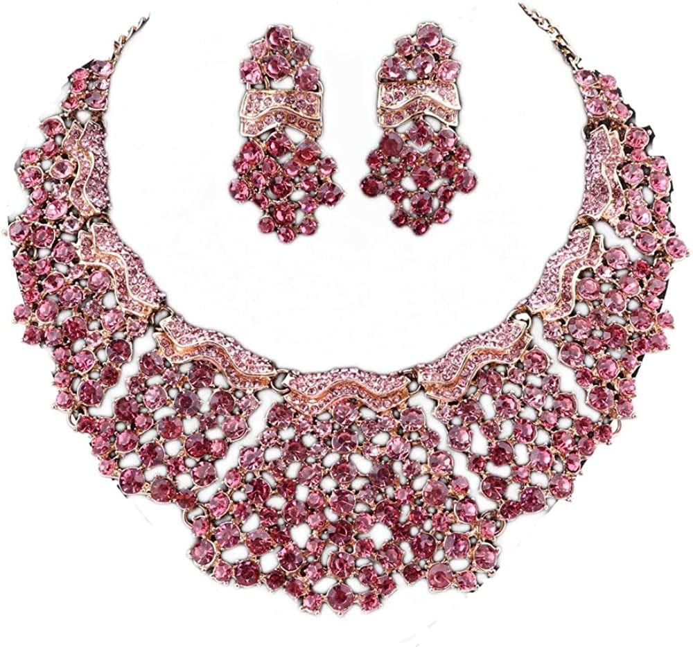 Fashion 18K Gold Plated Crystal Wedding Party Necklace Earring Jewelry Set Red 1