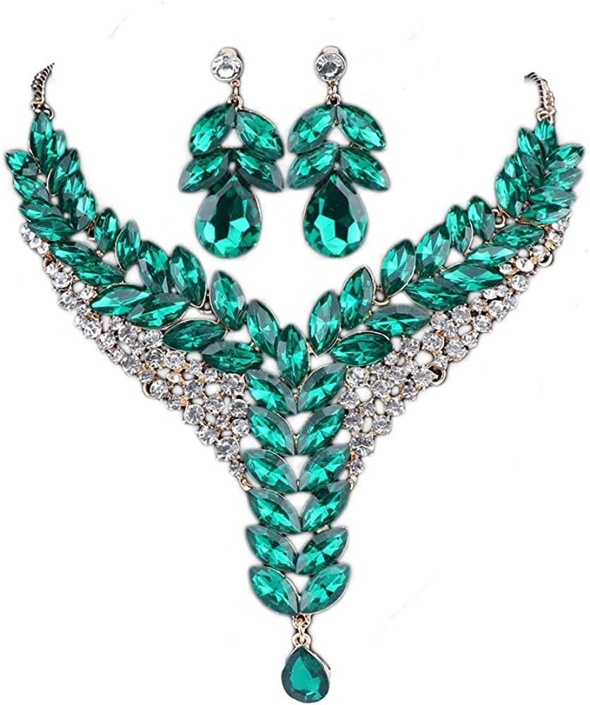 Fashion 18K Gold Plated Crystal Wedding Party Necklace Earring Jewelry Set Green