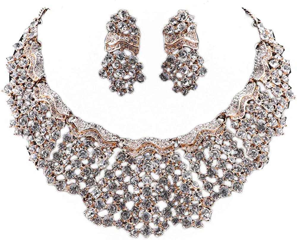 Fashion 18K Gold Plated Crystal Wedding Party Necklace Earring Jewelry Set White 1