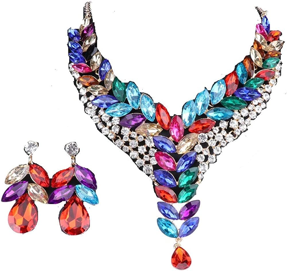 Fashion 18K Gold Plated Crystal Wedding Party Necklace Earring Jewelry Set Colorful
