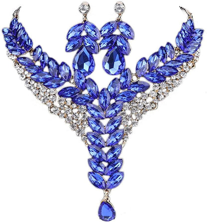 Fashion 18K Gold Plated Crystal Wedding Party Necklace Earring Jewelry Set Blue
