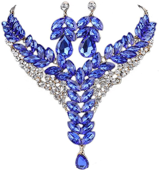 Fashion 18K Gold Plated Crystal Wedding Party Necklace Earring Jewelry Set Blue