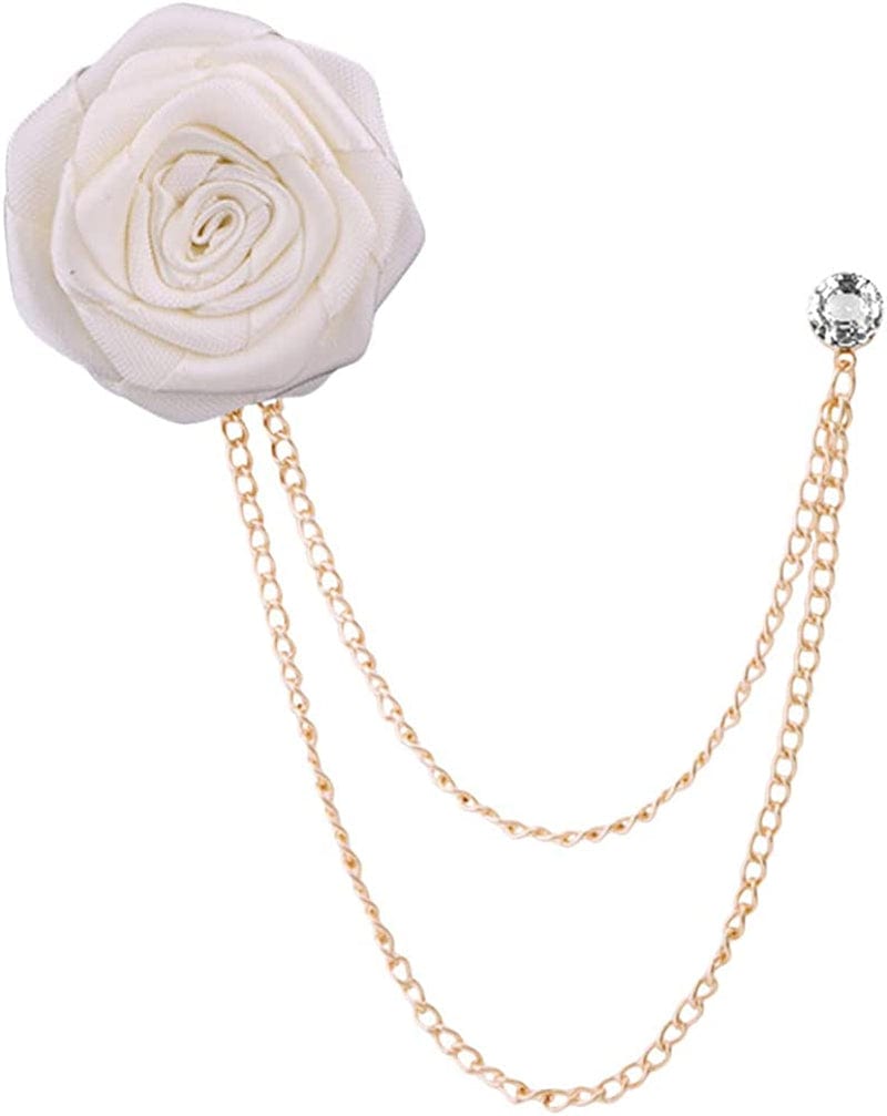 Fashion Bridegroom Wedding Brooches Cloth Art Hand-Made Rose Flower Brooch Lapel Pin Badge Tassel Chain Men'S Suit Accessories White