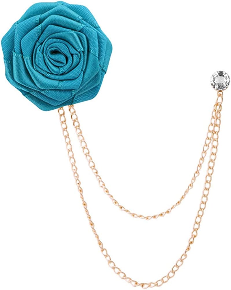 Fashion Bridegroom Wedding Brooches Cloth Art Hand-Made Rose Flower Brooch Lapel Pin Badge Tassel Chain Men'S Suit Accessories Peacock blue