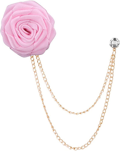 Fashion Bridegroom Wedding Brooches Cloth Art Hand-Made Rose Flower Brooch Lapel Pin Badge Tassel Chain Men'S Suit Accessories Pink