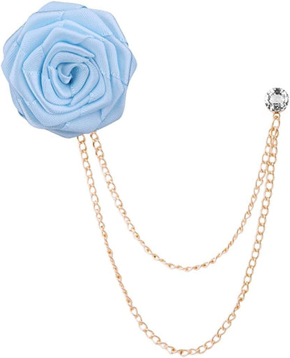 Fashion Bridegroom Wedding Brooches Cloth Art Hand-Made Rose Flower Brooch Lapel Pin Badge Tassel Chain Men'S Suit Accessories Light blue