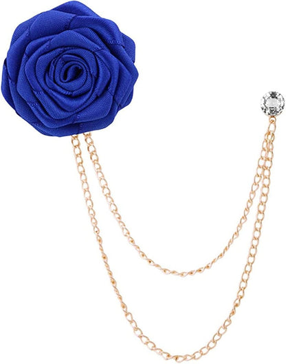 Fashion Bridegroom Wedding Brooches Cloth Art Hand-Made Rose Flower Brooch Lapel Pin Badge Tassel Chain Men'S Suit Accessories Blue