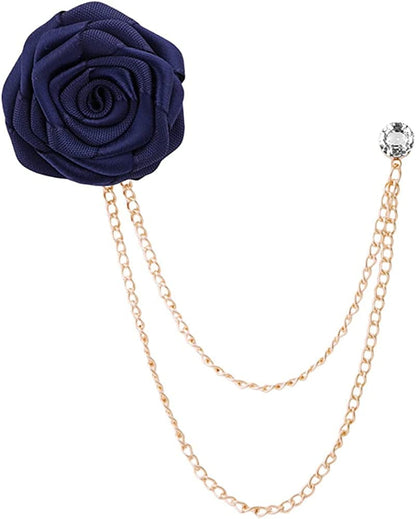 Fashion Bridegroom Wedding Brooches Cloth Art Hand-Made Rose Flower Brooch Lapel Pin Badge Tassel Chain Men'S Suit Accessories Navy blue