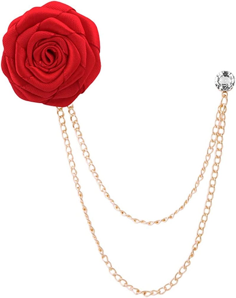 Fashion Bridegroom Wedding Brooches Cloth Art Hand-Made Rose Flower Brooch Lapel Pin Badge Tassel Chain Men'S Suit Accessories Red